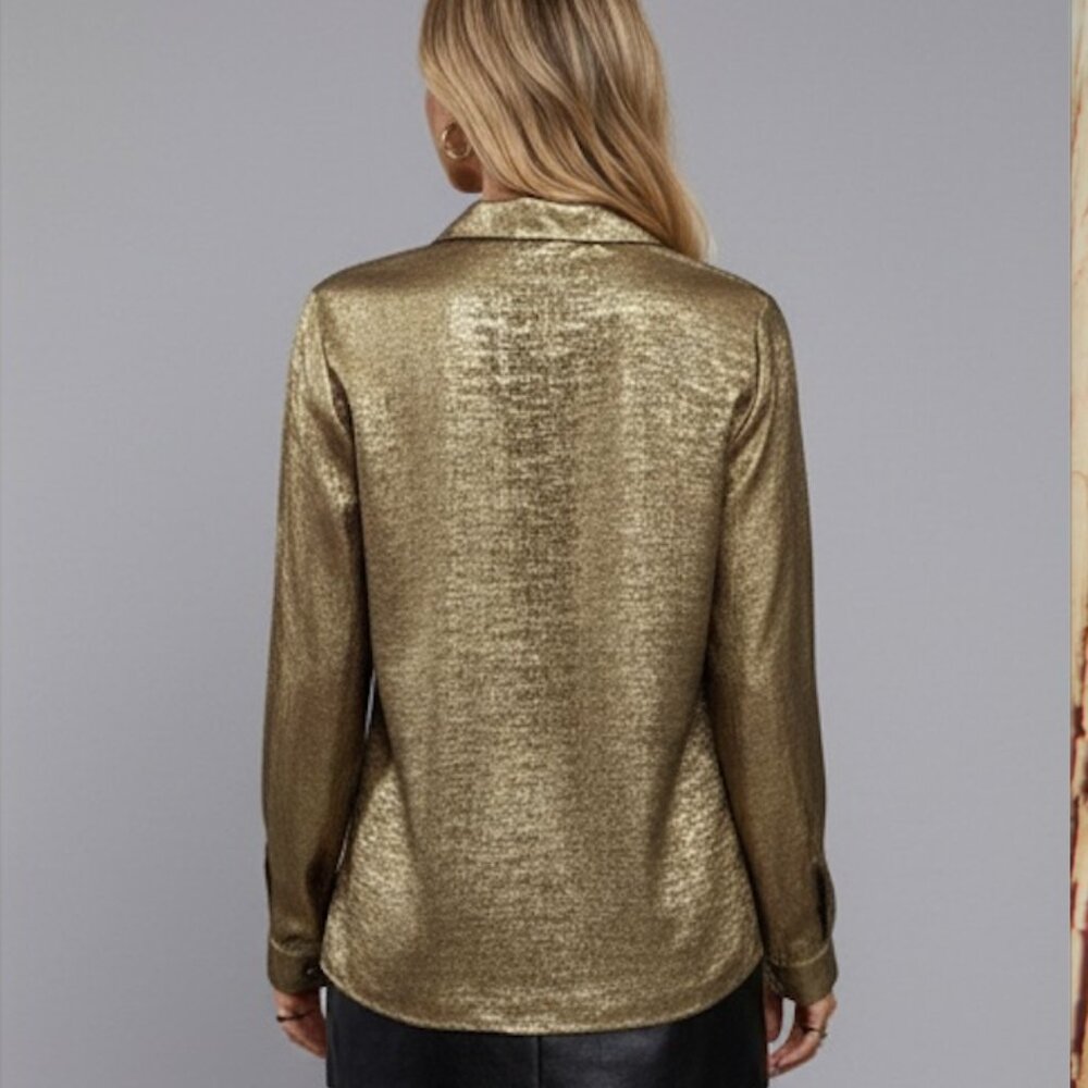 Gold Button Down Blouse Shirt - Picture 3 of 9